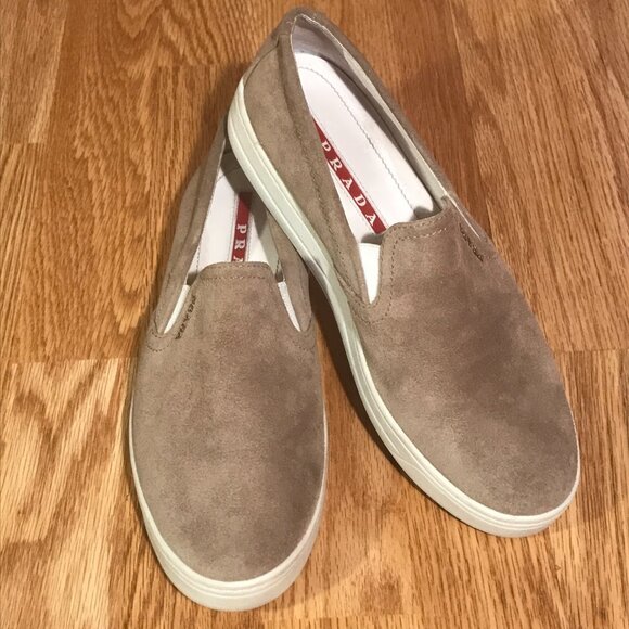 Prada Tan Suede Leather Slip on Sneaker Loafers Size 7 - Picture 3 of 12